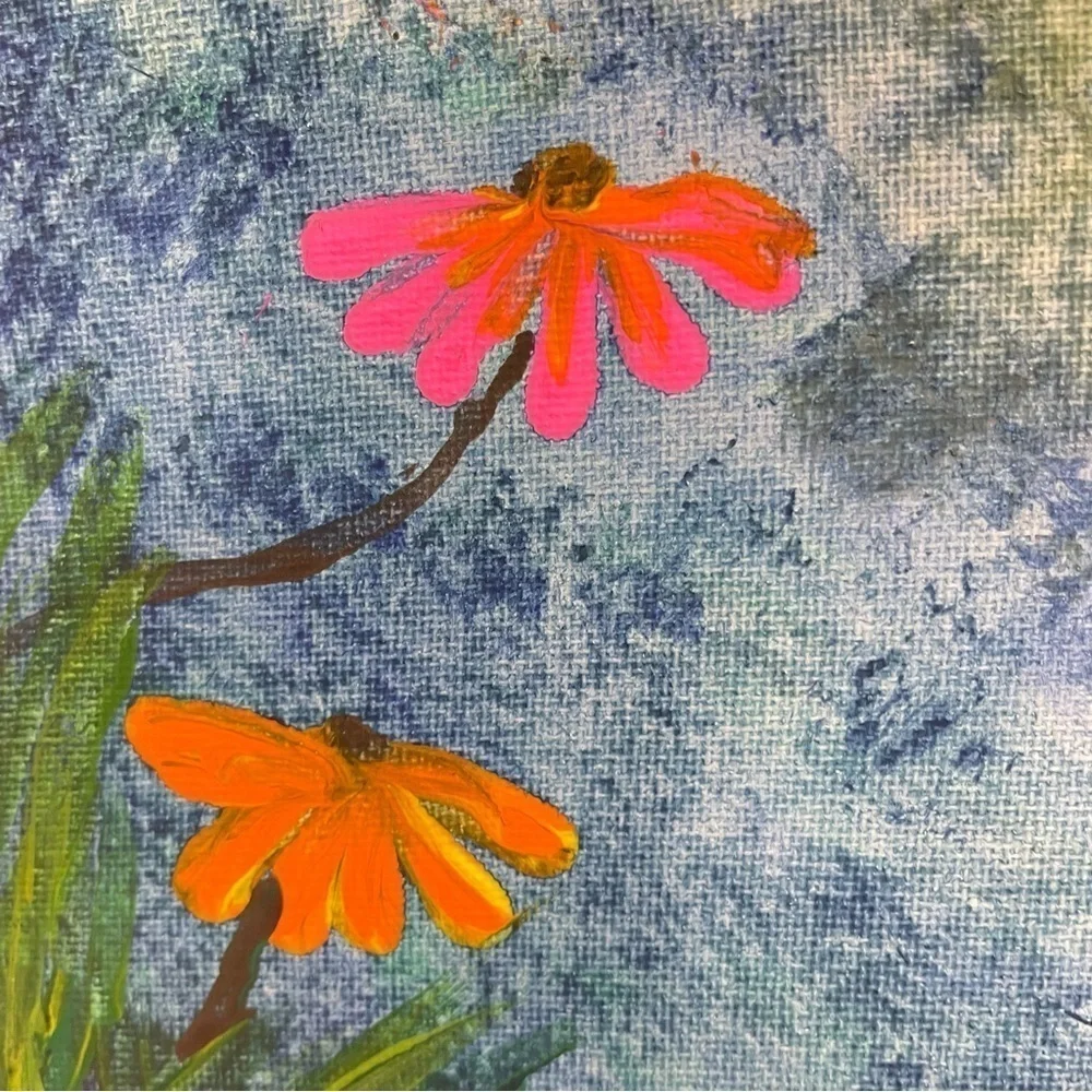 Handmade acrylic painting of sunshine and flowers daisies